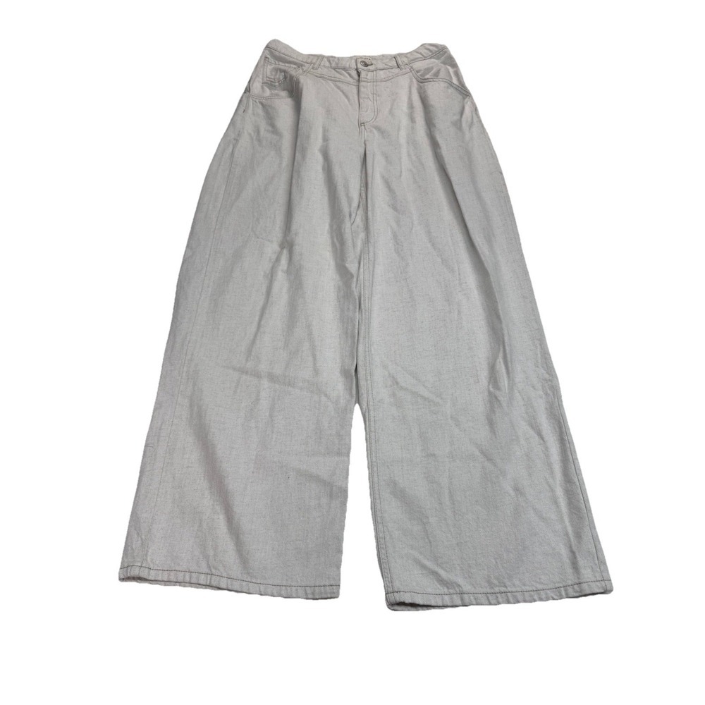 Zara Women Wide Leg Linen Blend Jeans Trousers Size Large Cotton Natural Fibers